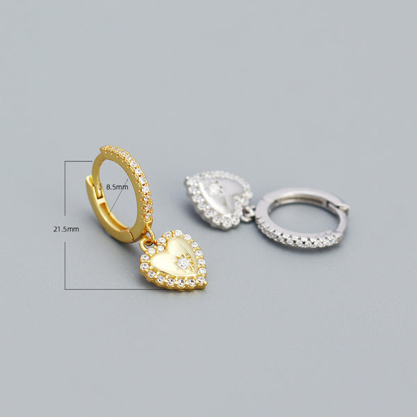 YHE0500 925 Sterling Silver Dainty Cubic Zirconia Heart Drop Hoop Earrings
