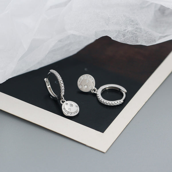YHE0526 925 Sterling Silver Smile CZ Coin Dangle Hoop Earring
