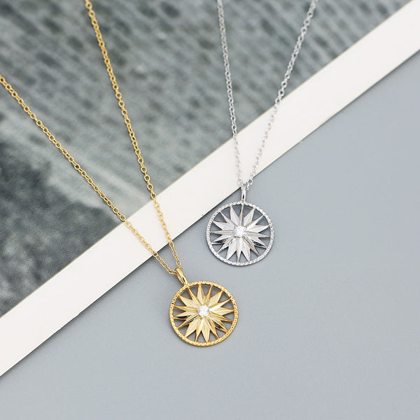 YHN072 925 Sterling Silver Trendy Starburst Cubic Zirconia Pendant Necklace