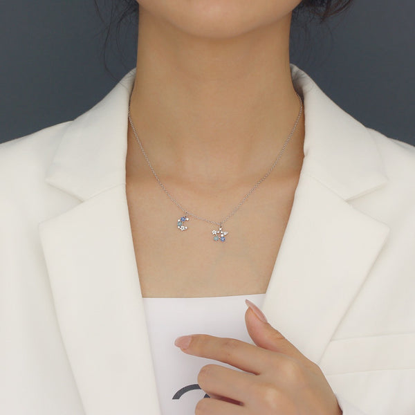 YHN071 925 Sterling Silver Colorful Stone Star Moon Crescent Pendnat Necklace