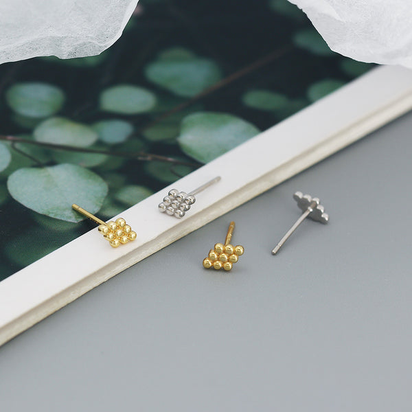 YHE0501 925 Sterling Silver Mini Rhombus Geometry Bead Stud Earring