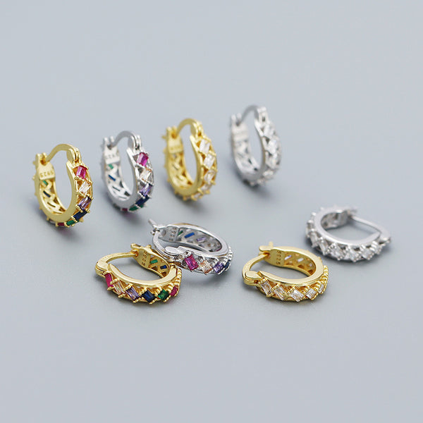 YHE0524 925 Sterling Silver Baguette Rainbow Cubci Zirconia Hoop Earrings