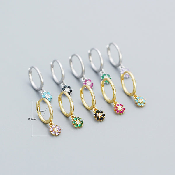YHE0532 925 Sterling Silver Trendy Rainbow CZ Daisy Flower Drop Hoop Earrings
