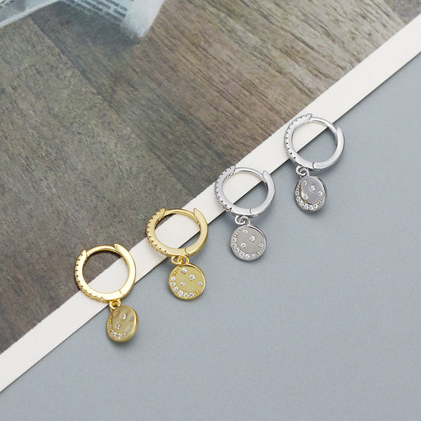 YHE0526 925 Sterling Silver Smile CZ Coin Dangle Hoop Earring