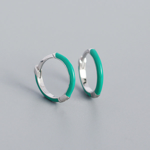 YHE0424 925 Sterling Silver Minimalist Green Enamel Hoop Earring