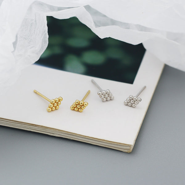 YHE0501 925 Sterling Silver Mini Rhombus Geometry Bead Stud Earring
