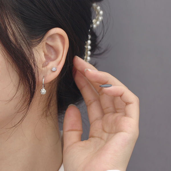 YHE0469 925 Sterling Silver Dainty Daisy Flower Bezel CZ Dangle Hooo Earring