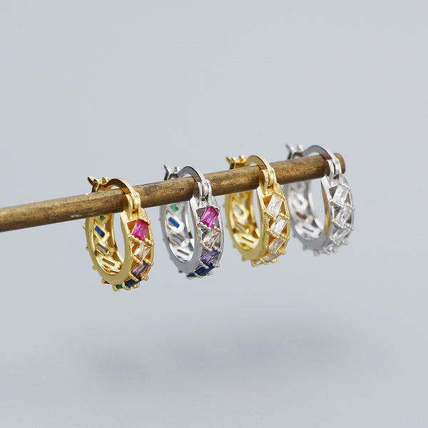 YHE0524 925 Sterling Silver Baguette Rainbow Cubci Zirconia Hoop Earrings