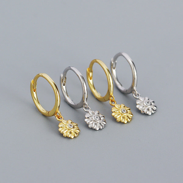 YHE0469 925 Sterling Silver Dainty Daisy Flower Bezel CZ Dangle Hooo Earring