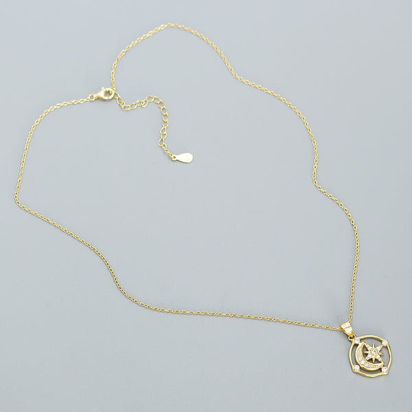 YHN079 925 Sterling Silver CZ Crescent Starburst Pendant Necklaces