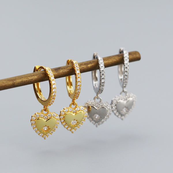 YHE0500 925 Sterling Silver Dainty Cubic Zirconia Heart Drop Hoop Earrings