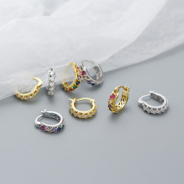 YHE0524 925 Sterling Silver Baguette Rainbow Cubci Zirconia Hoop Earrings
