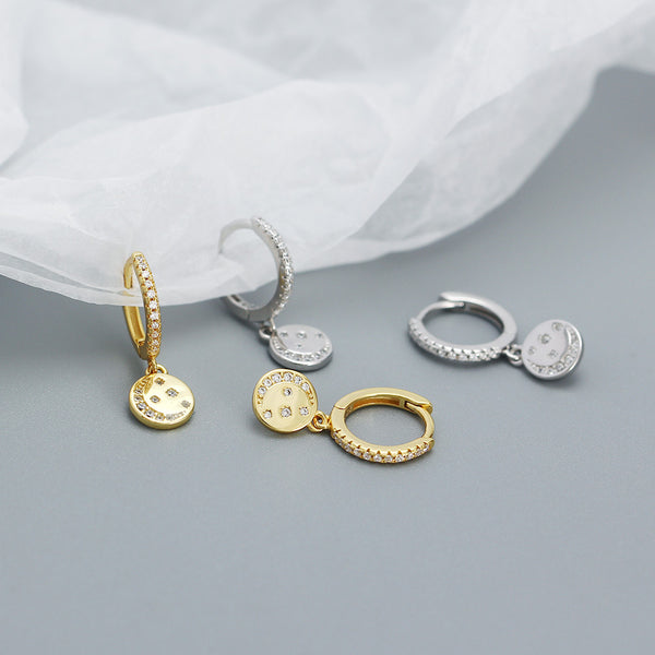 YHE0526 925 Sterling Silver Smile CZ Coin Dangle Hoop Earring