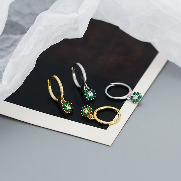 YHE0532 925 Sterling Silver Trendy Rainbow CZ Daisy Flower Drop Hoop Earrings
