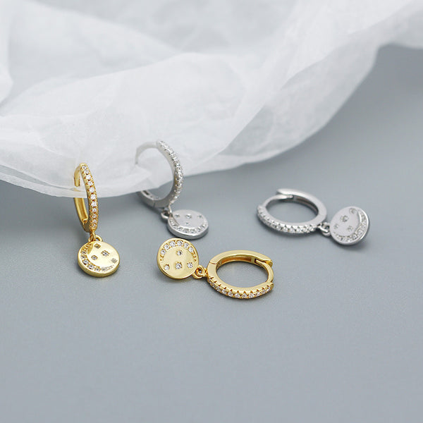 YHE0526 925 Sterling Silver Smile CZ Coin Dangle Hoop Earring