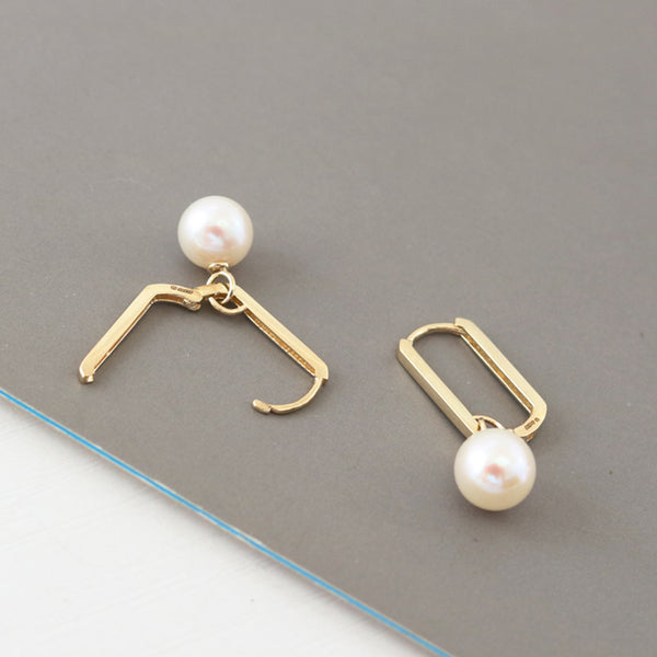 PE0062 925 Sterling Silver Geometry Freshwater Pearls Chunky Drop Hoop Earrings