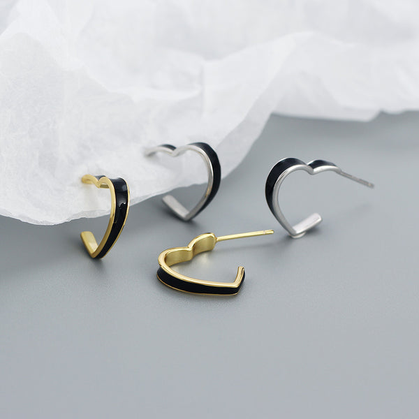 YHE0518 925 Sterling Silver Vintage Black Enamel Heart Hoop Earrings