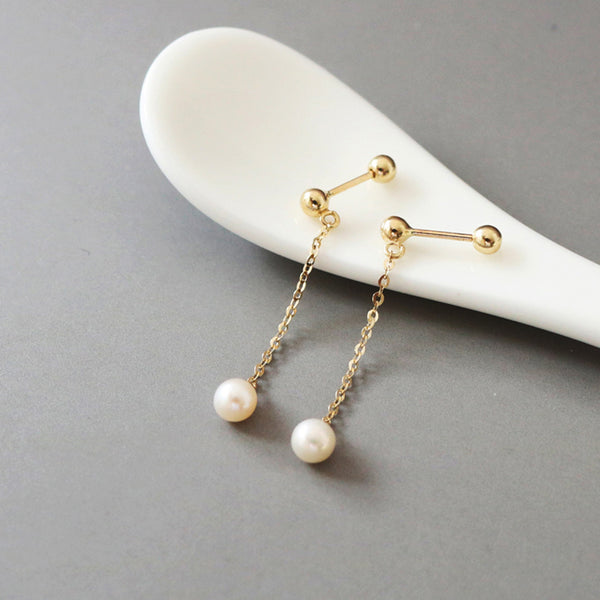 PE0102 925 Sterling Silver Freshwater Pearl Link Chain Stud Earrings