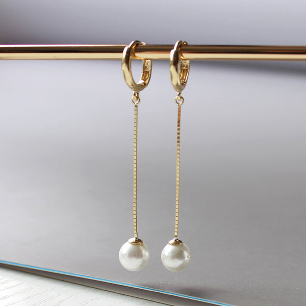 PE0052 925 Sterling Silver Long Chain Freshwater Pearl Drop Hoop Earrings