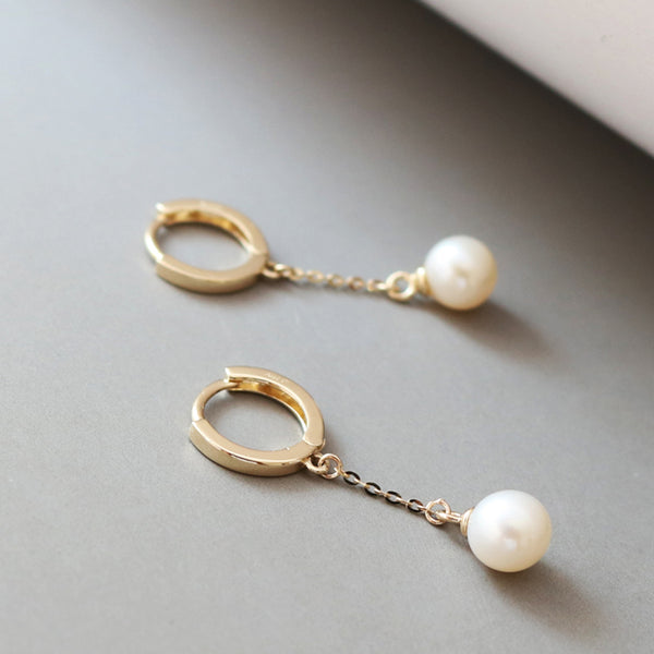 PE0100 925 Sterling Silver Dainty Women Pearl Link Chain Drop Stud Earring
