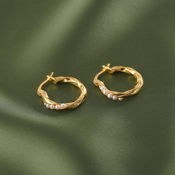PE0107 925 Sterling Silver Twist Pearl Women Huggie Hoop Earrings