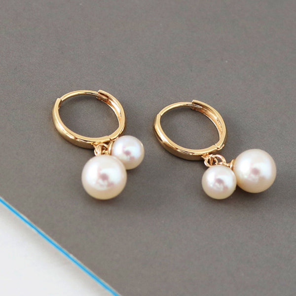 PE0063 925 Sterling Silver Double Pearls Dangle Hoop Earrings