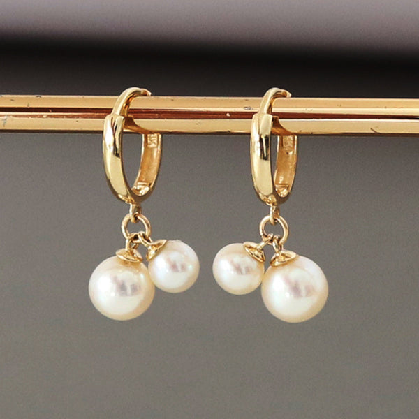 PE0063 925 Sterling Silver Double Pearls Dangle Hoop Earrings