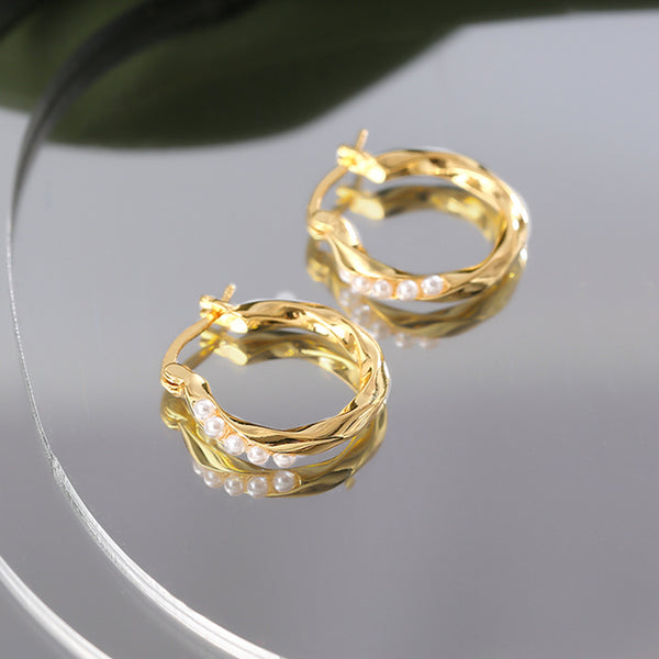 PE0107 925 Sterling Silver Twist Pearl Women Huggie Hoop Earrings