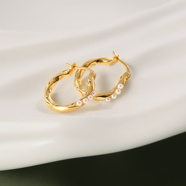 PE0107 925 Sterling Silver Twist Pearl Women Huggie Hoop Earrings