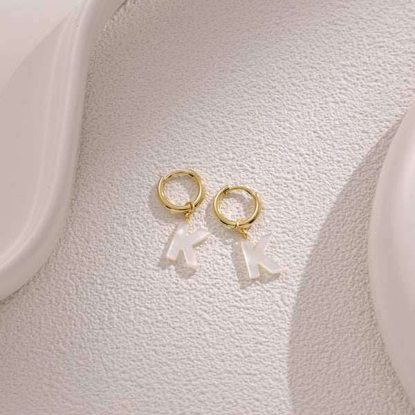 FE2029 925 Sterling Silver Letter A-Z Alphabet Initial Mother Of Pearl Dangle Hoop Earring