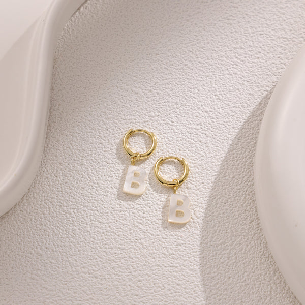 FE2029 925 Sterling Silver Letter A-Z Alphabet Initial Mother Of Pearl Dangle Hoop Earring