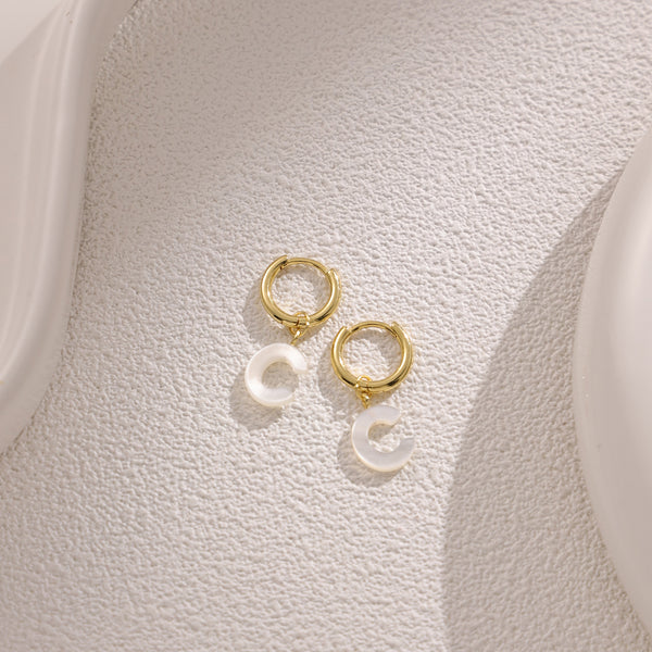 FE2029 925 Sterling Silver Letter A-Z Alphabet Initial Mother Of Pearl Dangle Hoop Earring