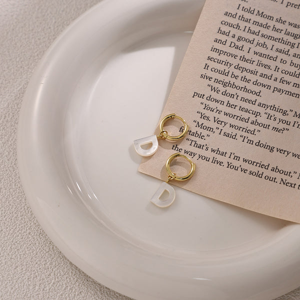 FE2029 925 Sterling Silver Letter A-Z Alphabet Initial Mother Of Pearl Dangle Hoop Earring