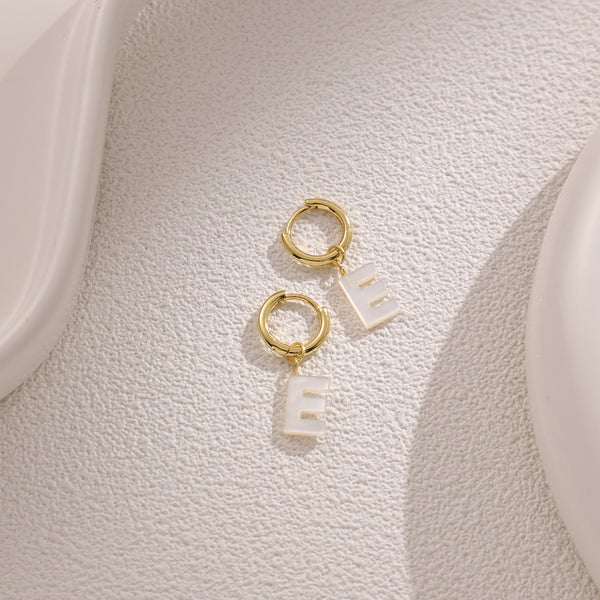 FE2029 925 Sterling Silver Letter A-Z Alphabet Initial Mother Of Pearl Dangle Hoop Earring
