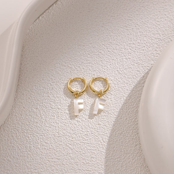 FE2029 925 Sterling Silver Letter A-Z Alphabet Initial Mother Of Pearl Dangle Hoop Earring