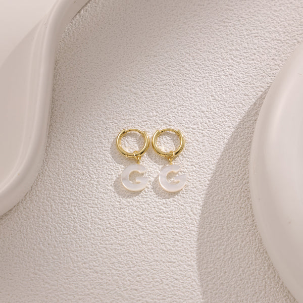 FE2029 925 Sterling Silver Letter A-Z Alphabet Initial Mother Of Pearl Dangle Hoop Earring