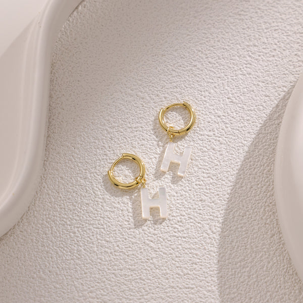 FE2029 925 Sterling Silver Letter A-Z Alphabet Initial Mother Of Pearl Dangle Hoop Earring