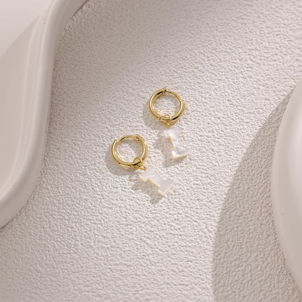 FE2029 925 Sterling Silver Letter A-Z Alphabet Initial Mother Of Pearl Dangle Hoop Earring