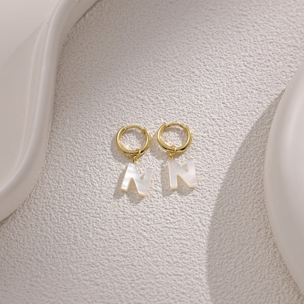 FE2029 925 Sterling Silver Letter A-Z Alphabet Initial Mother Of Pearl Dangle Hoop Earring