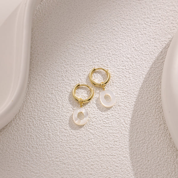 FE2029 925 Sterling Silver Letter A-Z Alphabet Initial Mother Of Pearl Dangle Hoop Earring