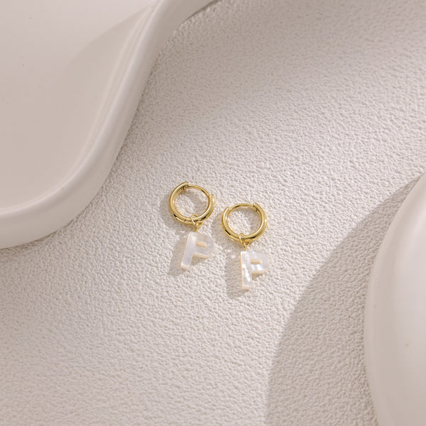 FE2029 925 Sterling Silver Letter A-Z Alphabet Initial Mother Of Pearl Dangle Hoop Earring