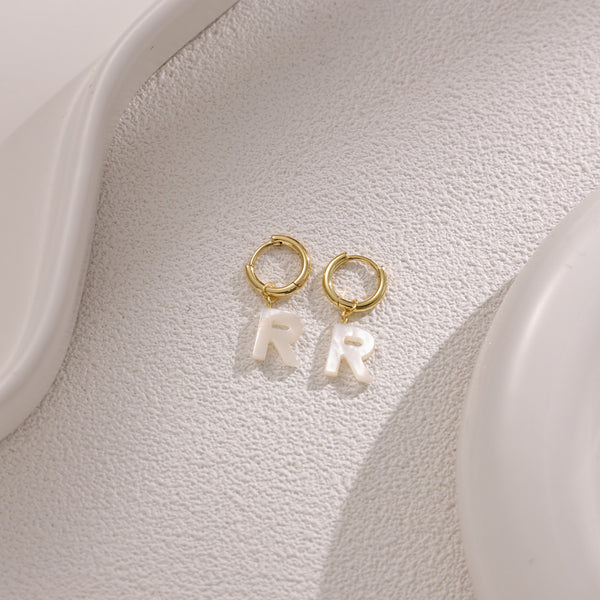 FE2029 925 Sterling Silver Letter A-Z Alphabet Initial Mother Of Pearl Dangle Hoop Earring