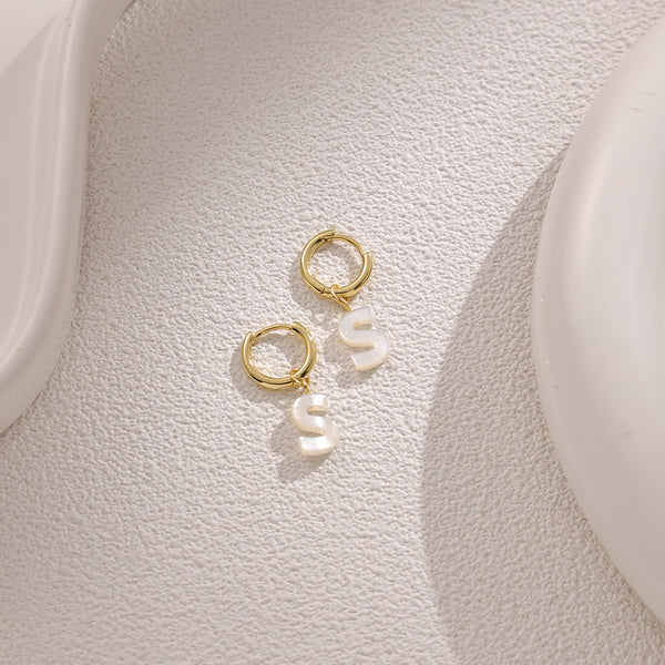 FE2029 925 Sterling Silver Letter A-Z Alphabet Initial Mother Of Pearl Dangle Hoop Earring