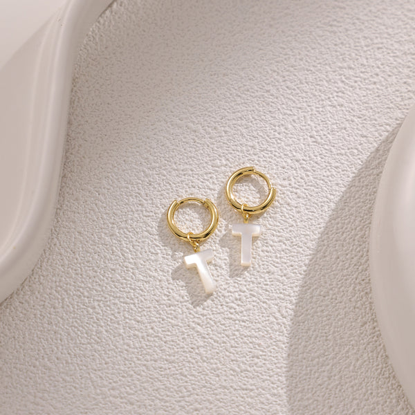 FE2029 925 Sterling Silver Letter A-Z Alphabet Initial Mother Of Pearl Dangle Hoop Earring