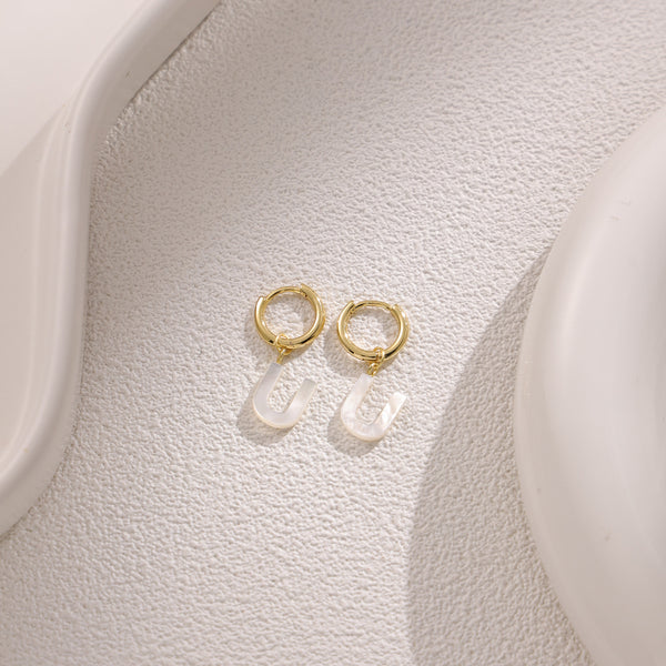 FE2029 925 Sterling Silver Letter A-Z Alphabet Initial Mother Of Pearl Dangle Hoop Earring