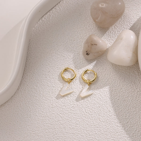 FE2029 925 Sterling Silver Letter A-Z Alphabet Initial Mother Of Pearl Dangle Hoop Earring