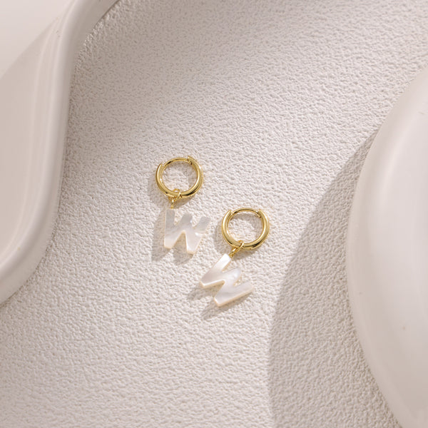 FE2029 925 Sterling Silver Letter A-Z Alphabet Initial Mother Of Pearl Dangle Hoop Earring