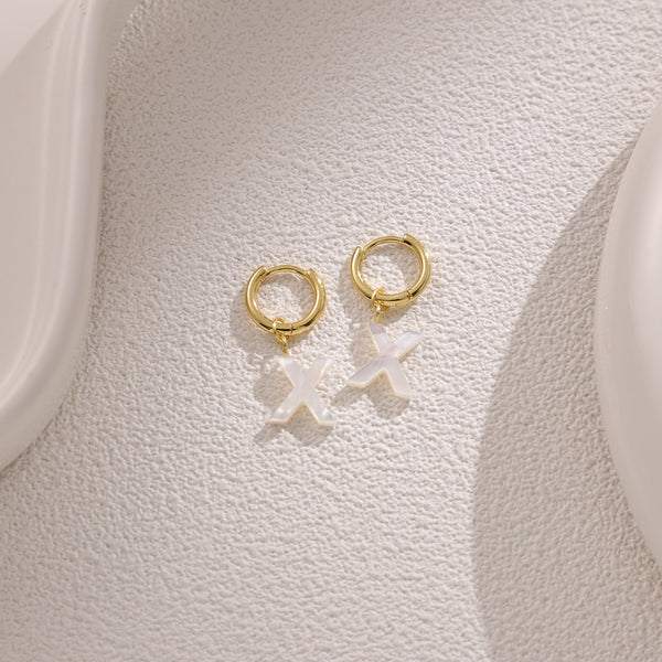 FE2029 925 Sterling Silver Letter A-Z Alphabet Initial Mother Of Pearl Dangle Hoop Earring