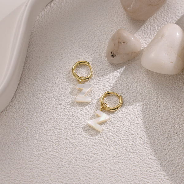 FE2029 925 Sterling Silver Letter A-Z Alphabet Initial Mother Of Pearl Dangle Hoop Earring