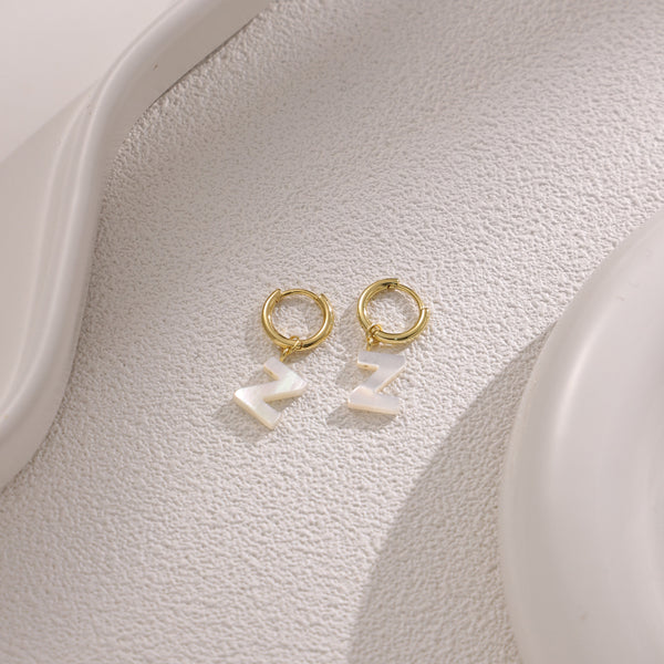 FE2029 925 Sterling Silver Letter A-Z Alphabet Initial Mother Of Pearl Dangle Hoop Earring